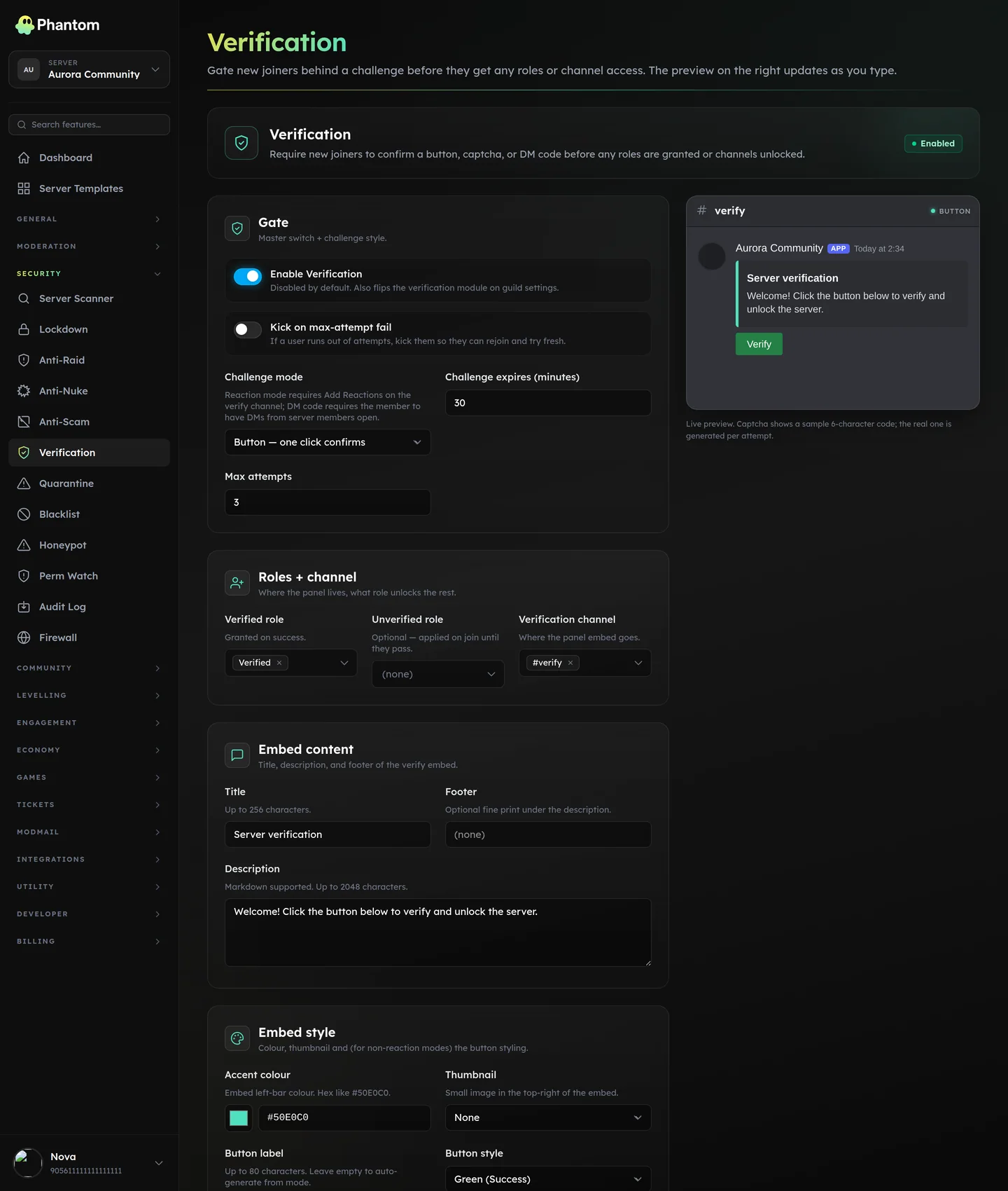 Phantom verification gate settings for Discord with button and captcha modes