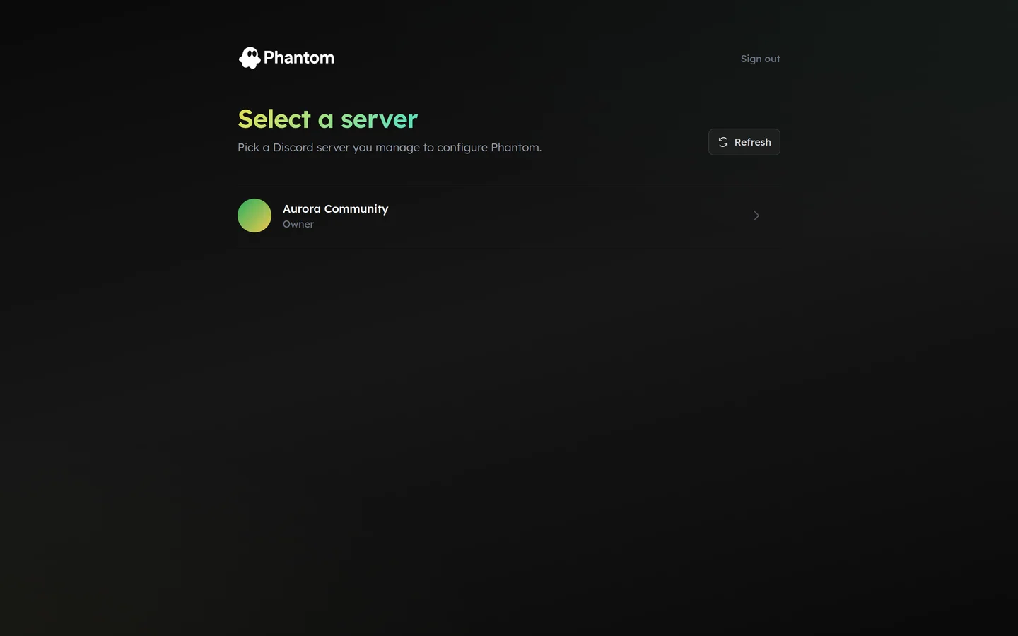 Phantom server picker listing the Discord servers an admin manages