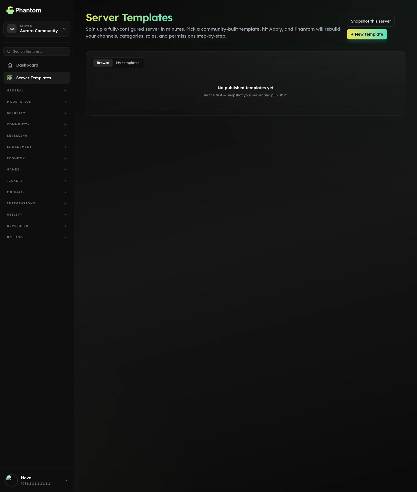 Phantom server templates gallery for applying a ready-made Discord server structure
