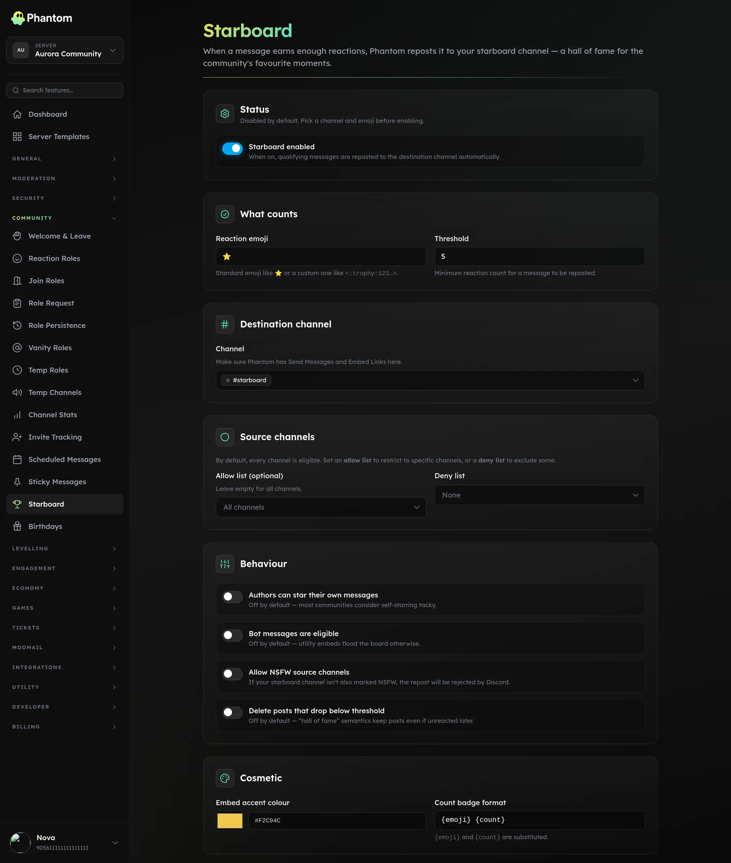 Phantom starboard settings for Discord reposting highly reacted messages