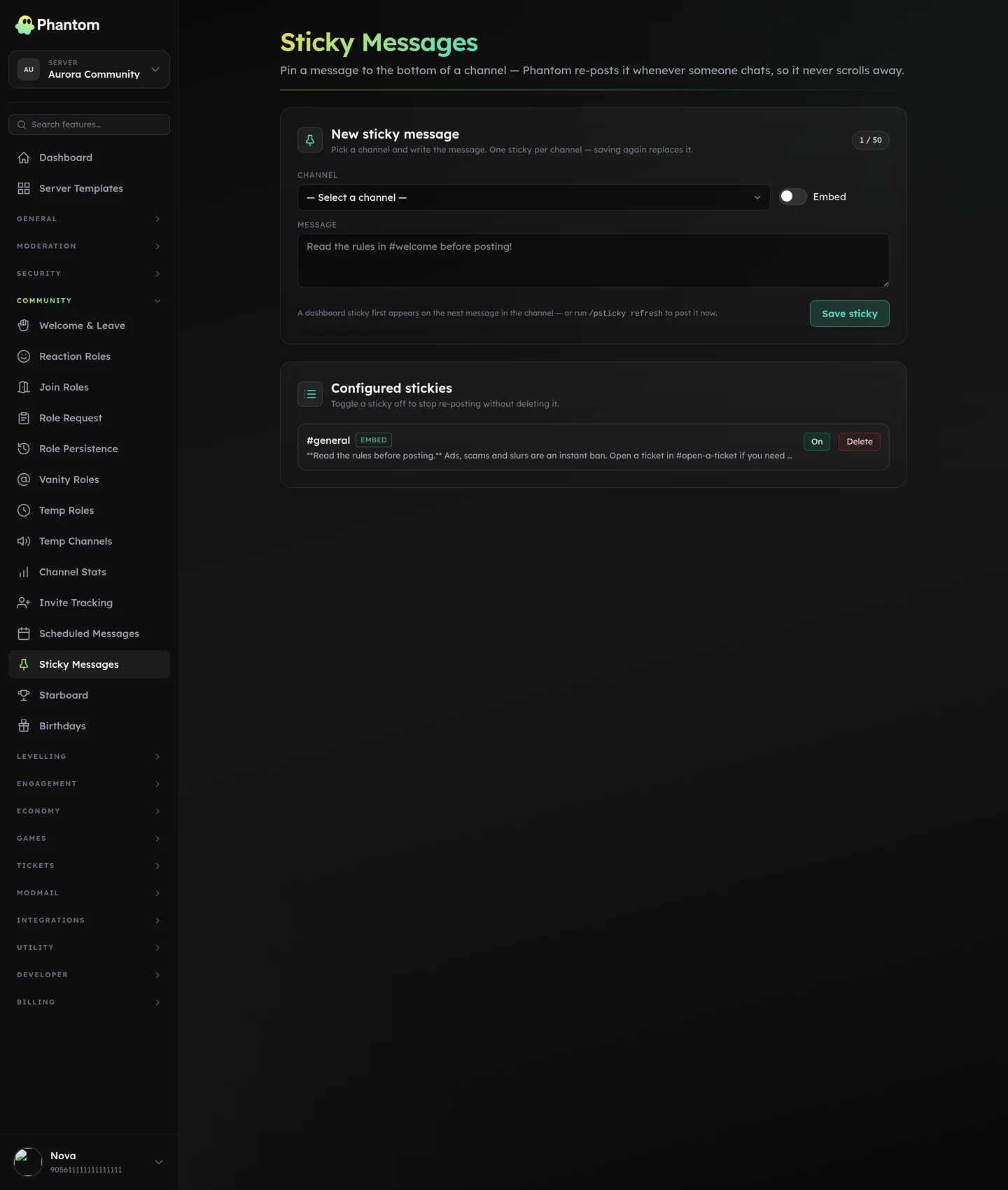 Phantom sticky message settings keeping a message pinned to the bottom of a Discord channel