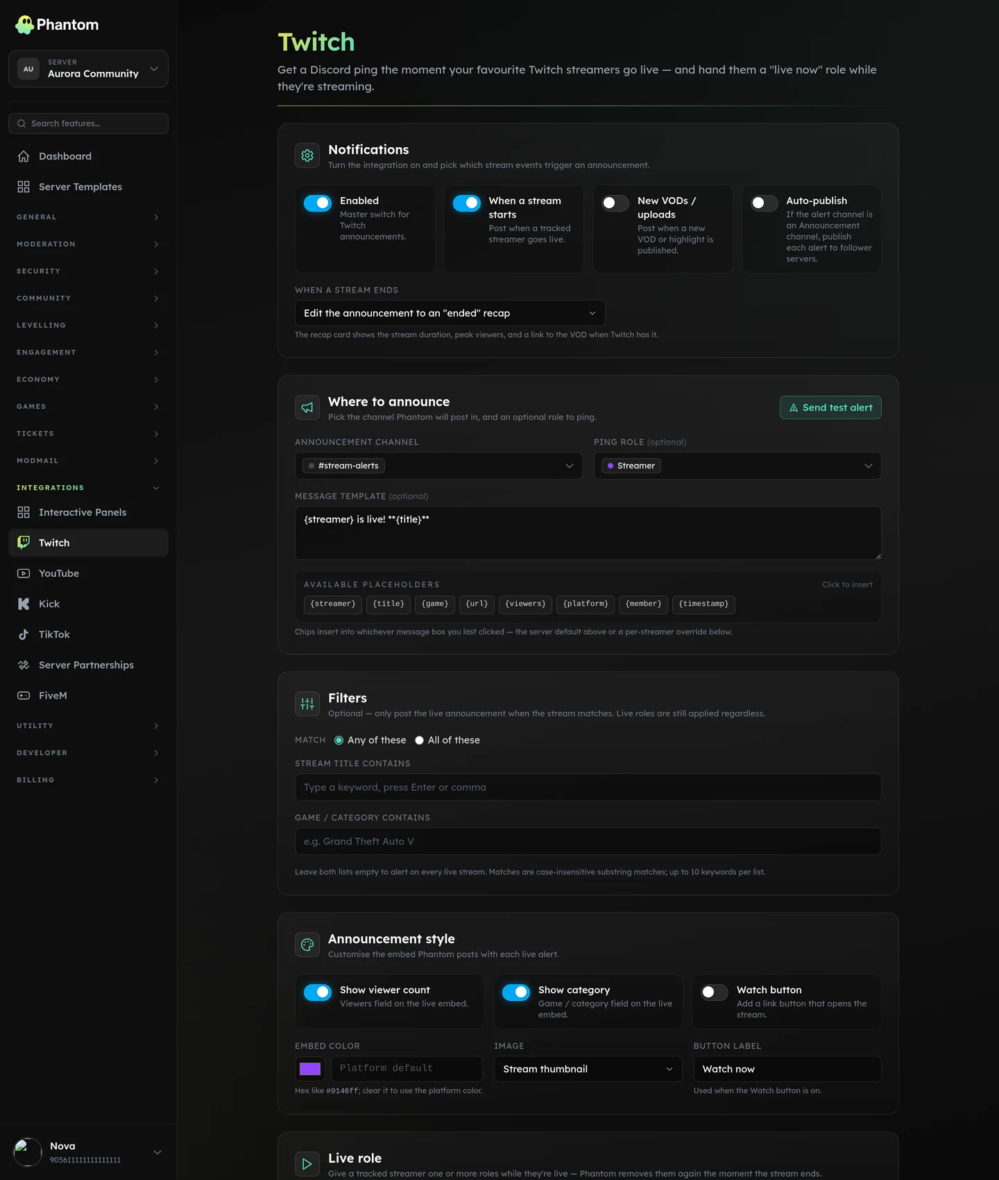 Phantom Twitch live alert settings for Discord with tracked streamers and ping roles