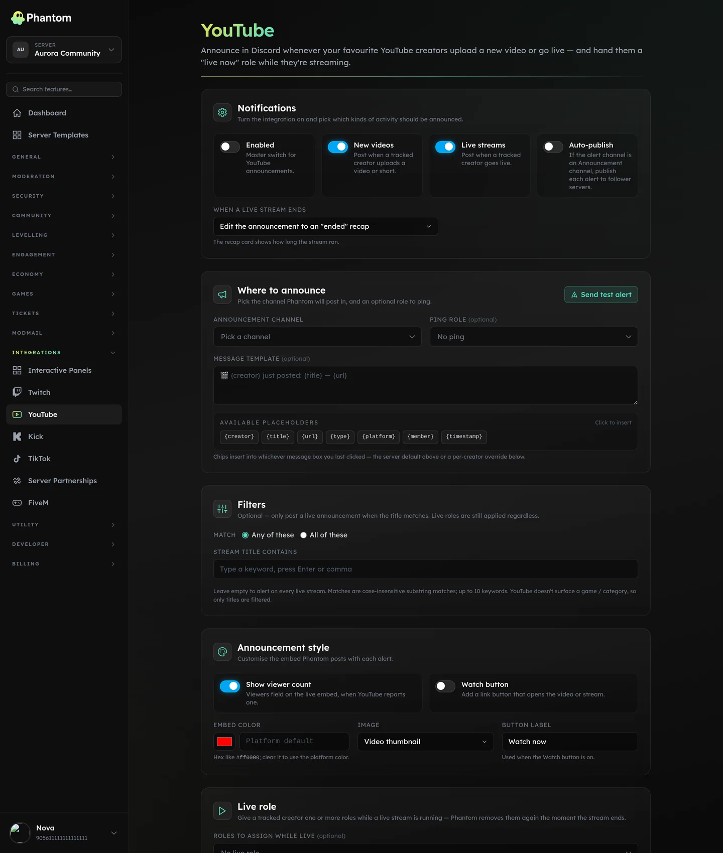 Phantom YouTube alert settings for Discord announcing new uploads and live streams