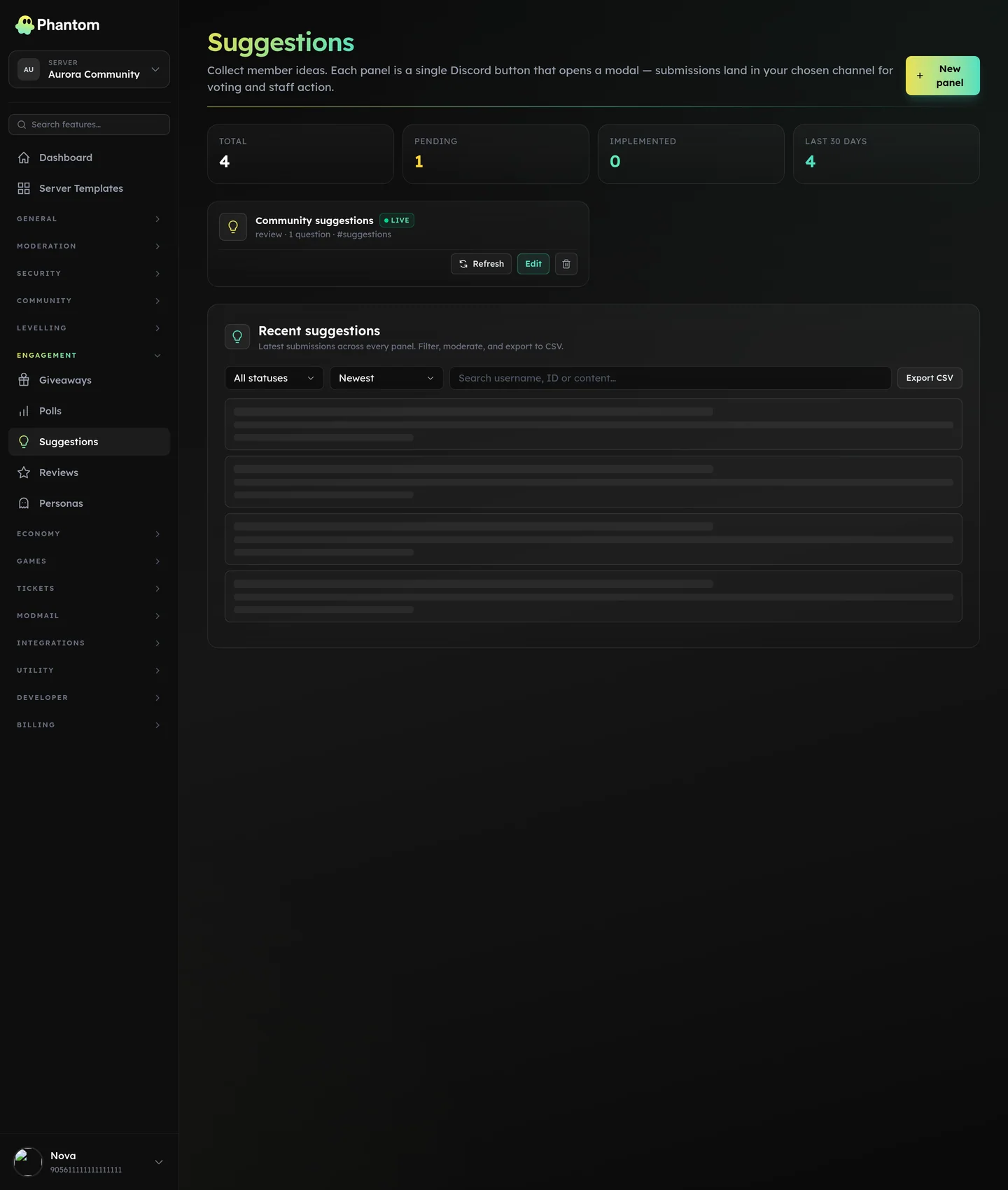 Phantom suggestions queue for Discord with upvotes, downvotes and staff responses
