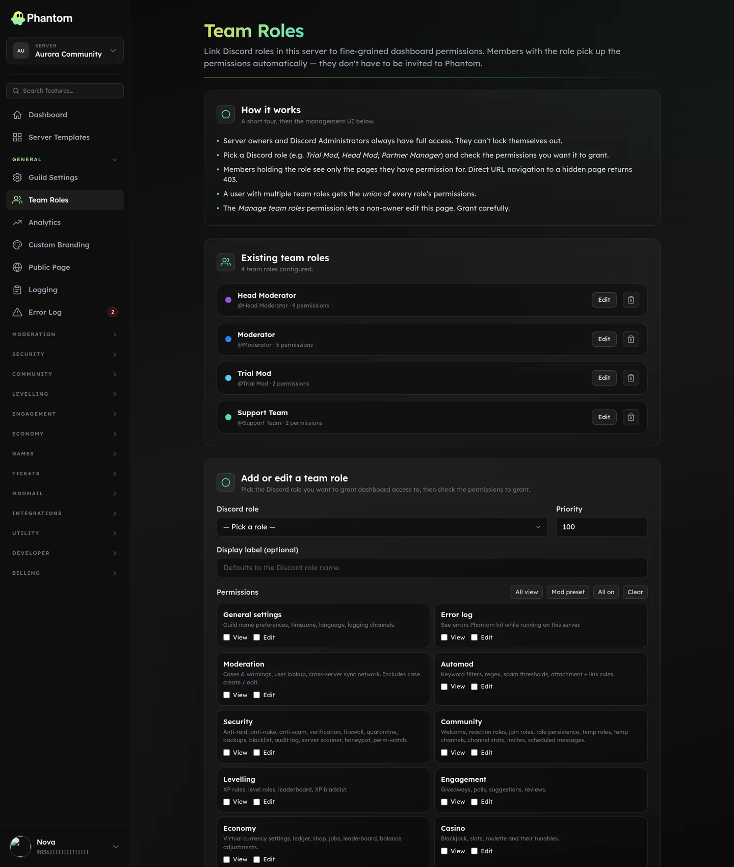 Phantom team roles page granting per-role dashboard permissions to Discord staff roles