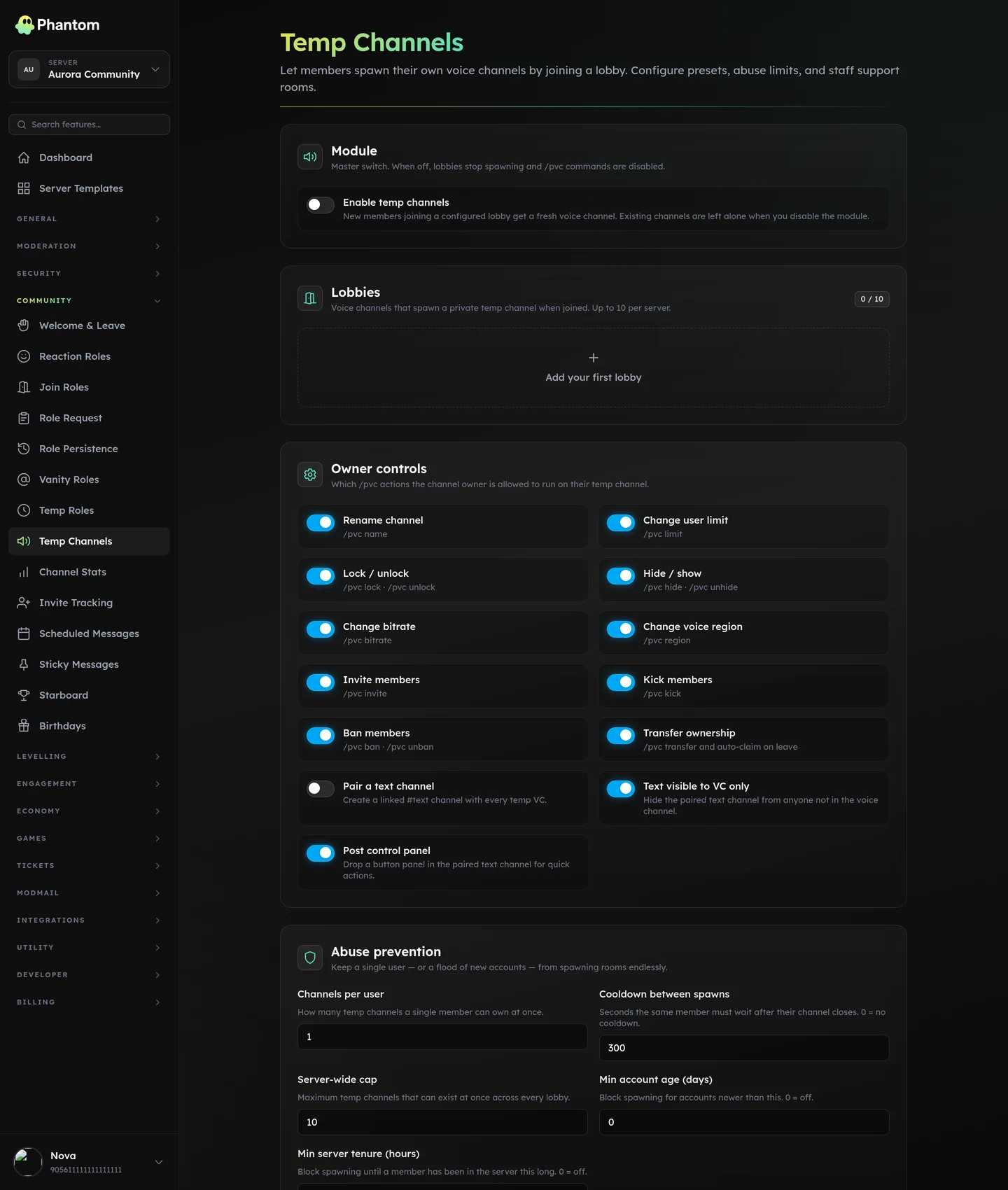 Phantom temporary voice channel settings for Discord join-to-create lobbies