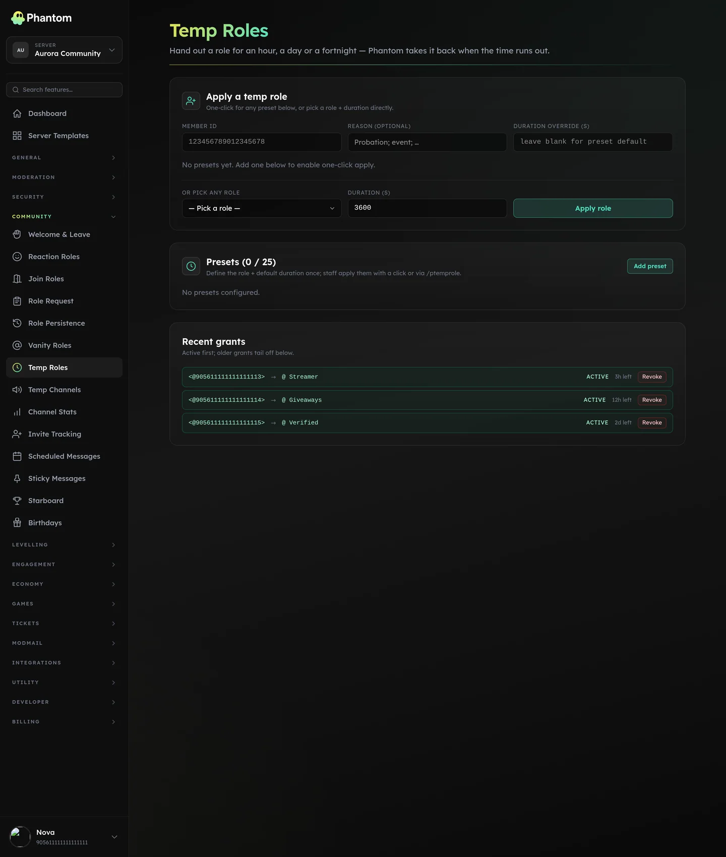Phantom temporary roles page listing Discord roles that expire automatically