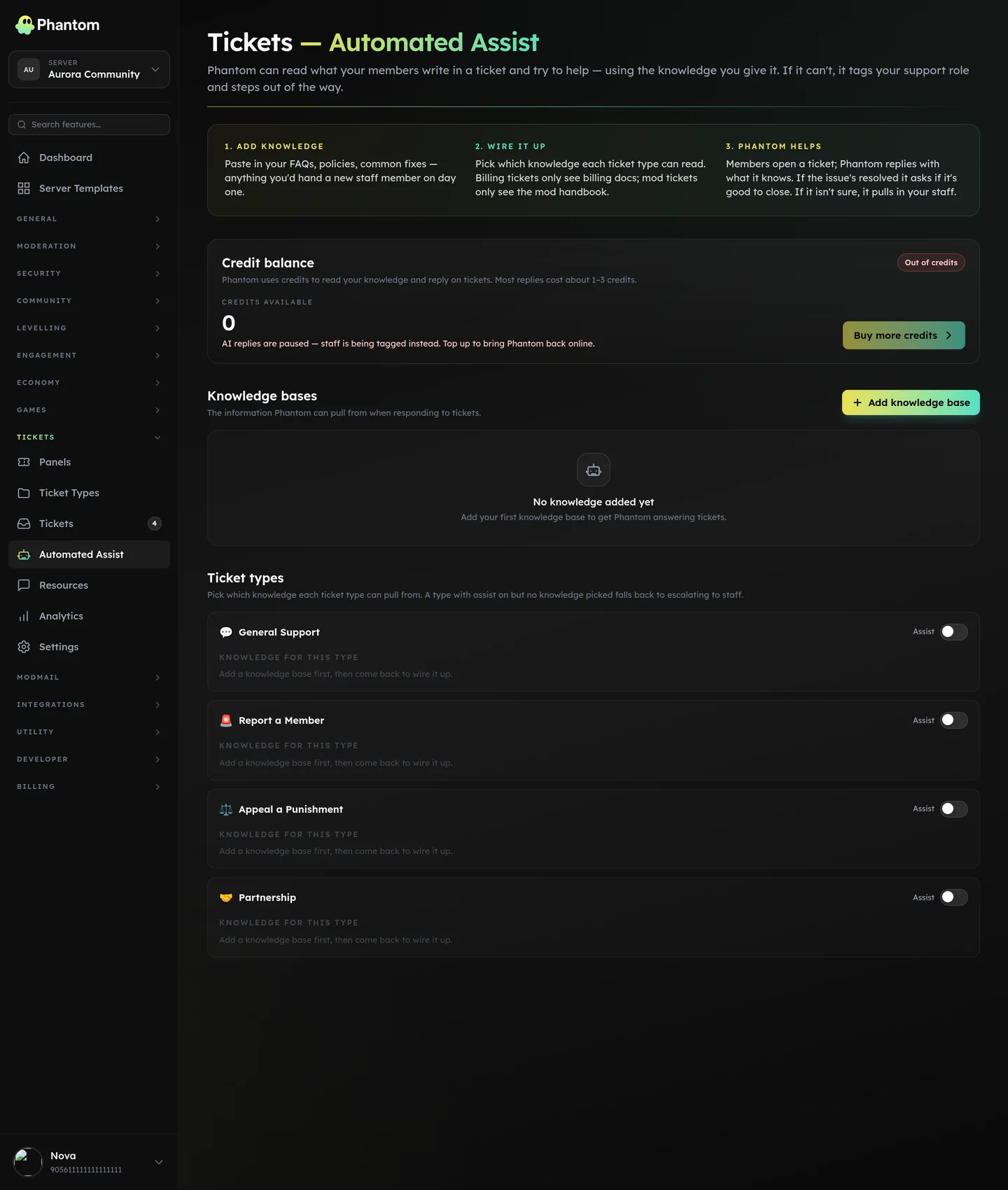 Phantom Auto-Assist AI ticket helper settings with knowledge bases and credit balance
