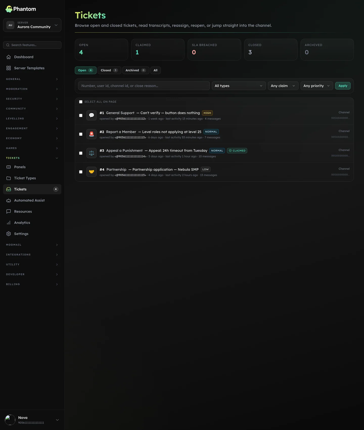 Phantom Discord ticket queue showing open, claimed and closed tickets with priority and SLA state