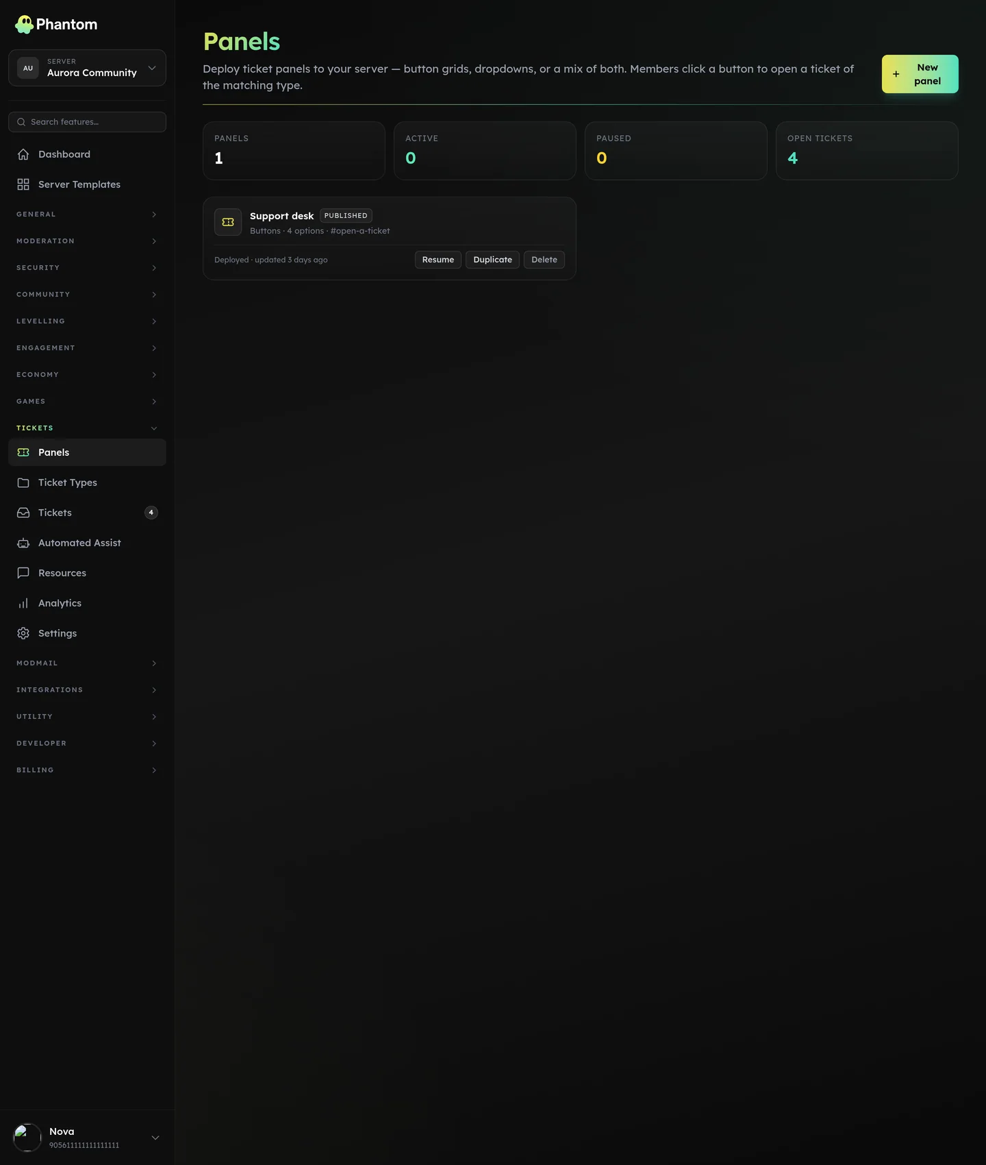 Phantom Discord ticket panels list with a published support desk panel