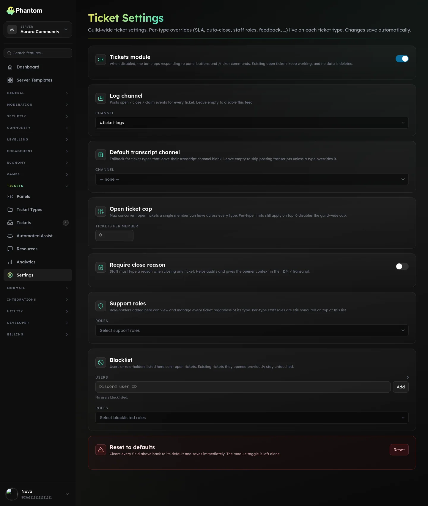 Phantom ticket module settings for a Discord server, including transcripts and logging