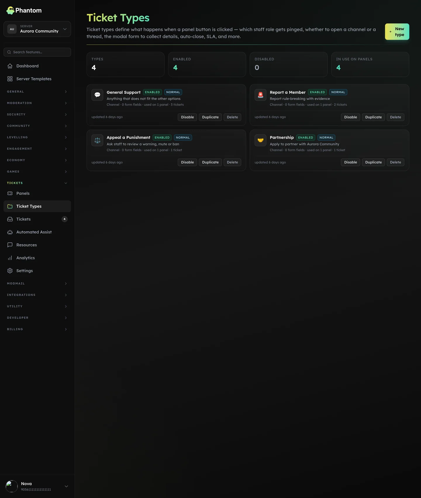 Phantom Discord ticket types with per-category staff roles, SLA timers and transcripts