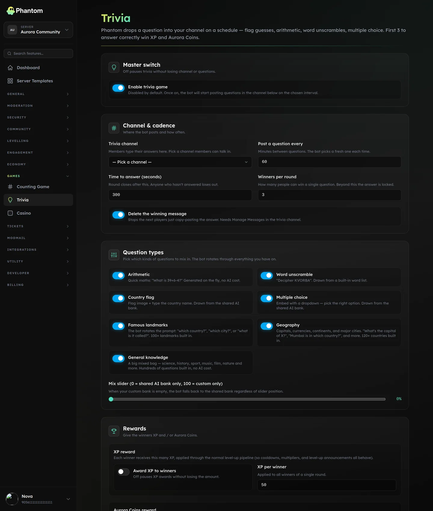 Phantom trivia settings for Discord with question banks and XP rewards