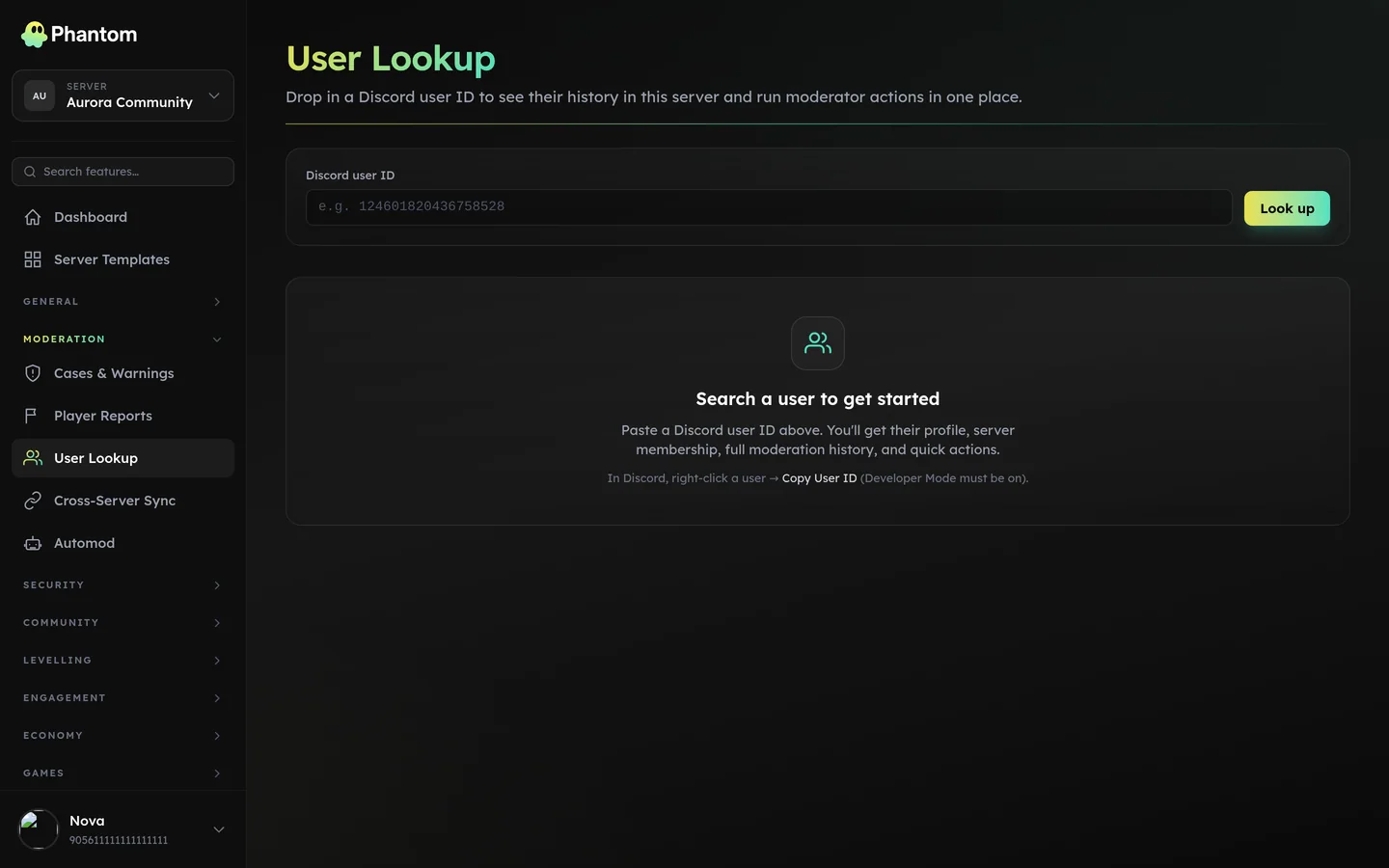 Phantom Discord user lookup showing a member profile with cases, automod hits and ticket history