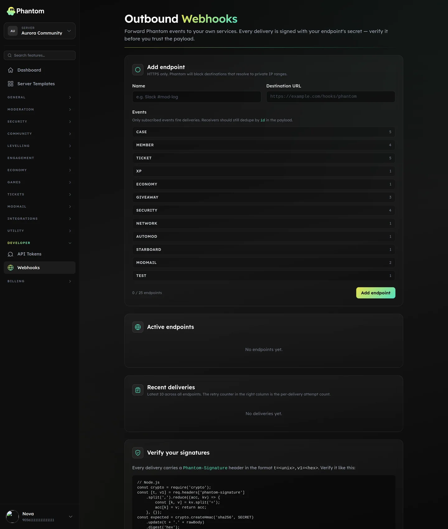 Phantom outbound webhook endpoints page with signing secrets and delivery history