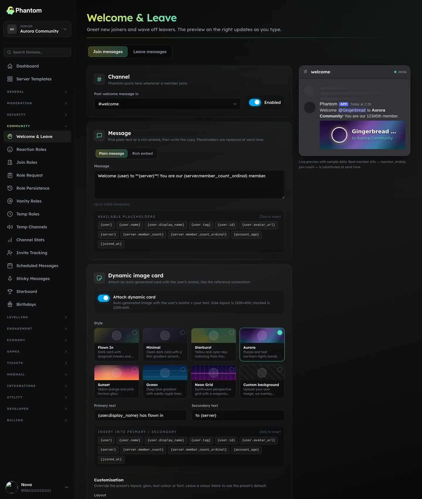 Phantom welcome message builder for Discord with a live embed preview and welcome card